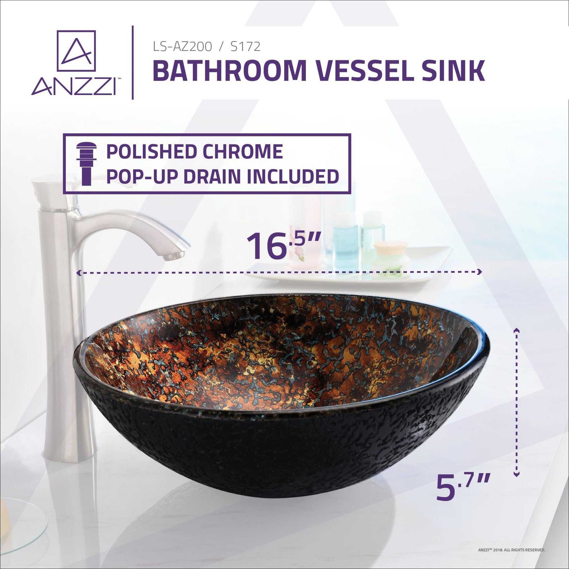 ANZZI Tuasavi Series 17" x 17" Round Molten Gold Deco-Glass Vessel Sink With Polished Chrome Pop-Up Drain