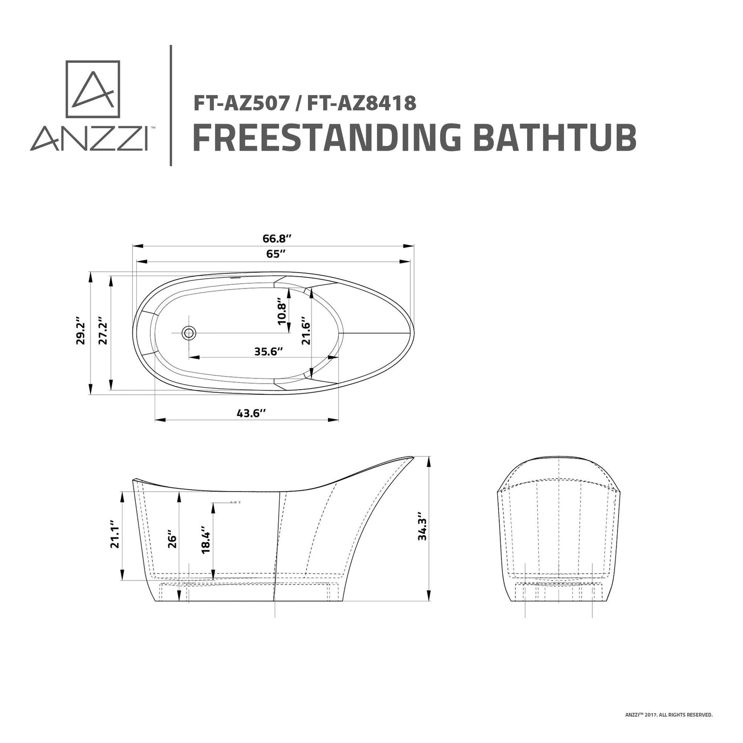 ANZZI Tuasavi Series 68" x 29" Matte White Freestanding Bathtub With Built-In Overflow and Pop-Up Drain