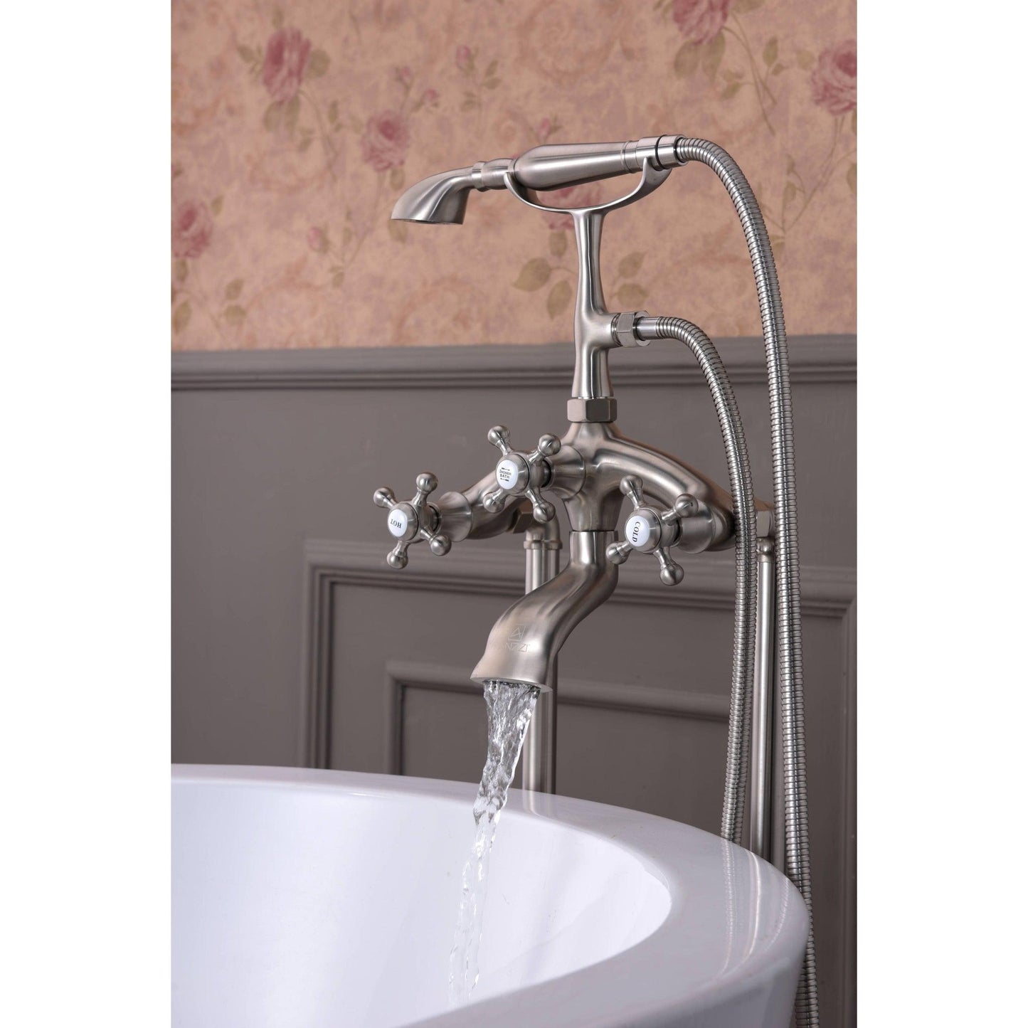 ANZZI Tugela Series 3-Handle Brushed Nickel Clawfoot Tub Faucet With Euro-Grip Handheld Sprayer