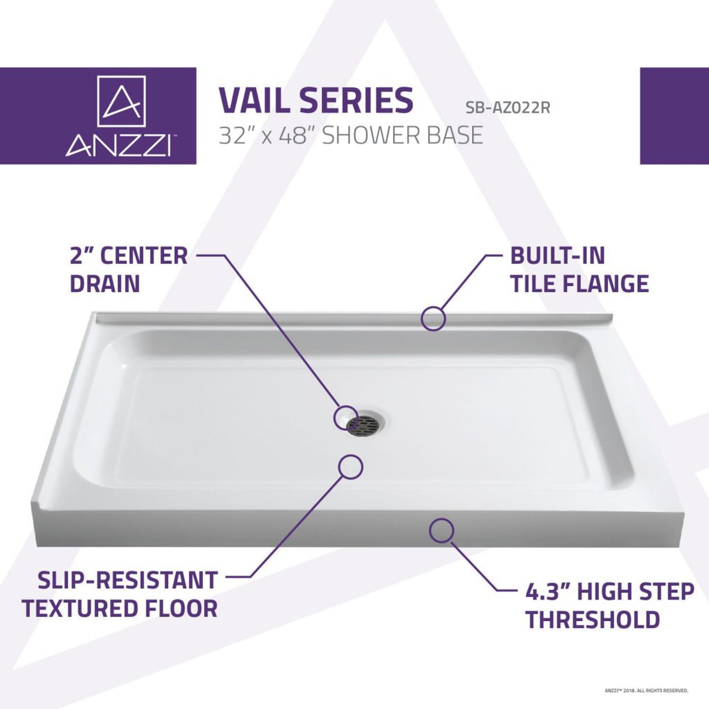 ANZZI Vail Series 36" x 48" Center Drain Double Threshold White Shower Base With Built-in Tile Flange