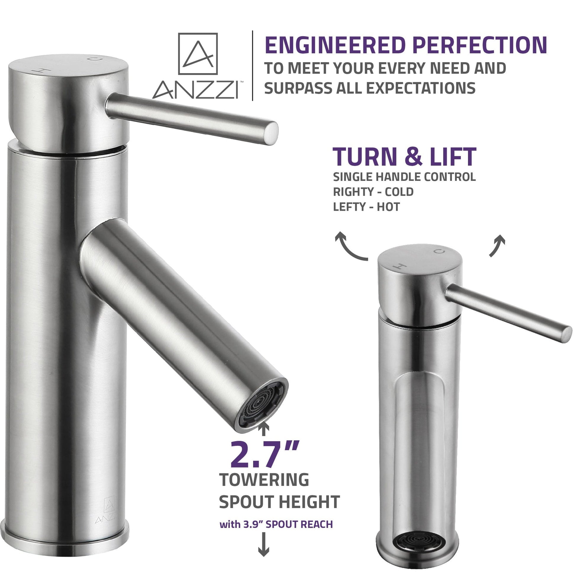 ANZZI Valle Series 3" Single Hole Brushed Nickel Bathroom Sink Faucet