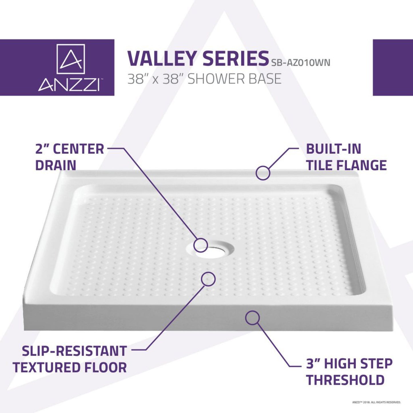 ANZZI Valley Series 38" x 38" Center Drain Double Threshold White Shower Base With Built-in Tile Flange