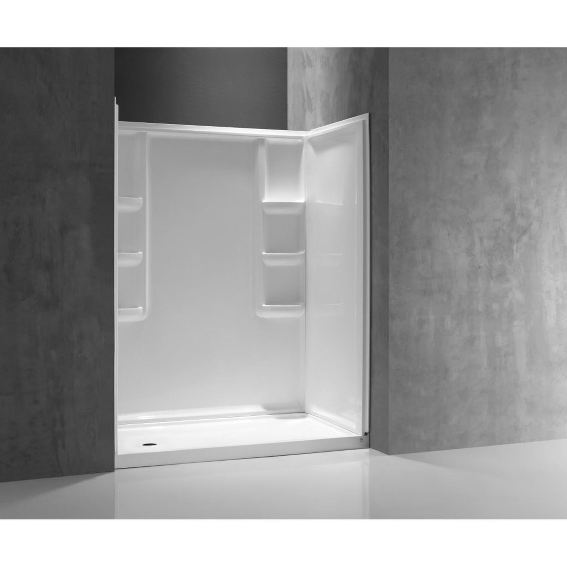 ANZZI Vasu Series 60" x 36" x 74" White Acrylic Alcove Three Piece Shower Wall System With 6 Built-in Shelves