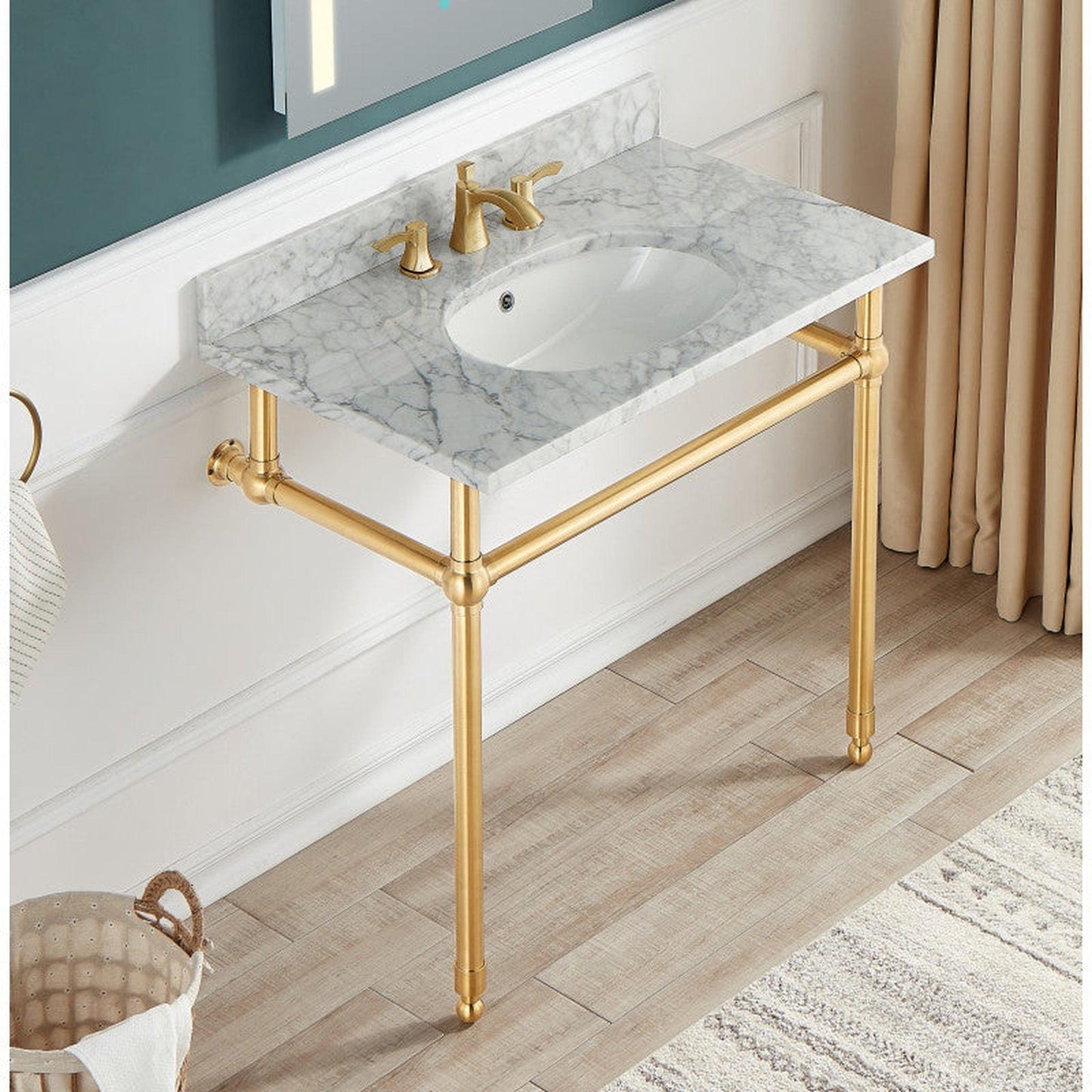 ANZZI Verona Series 34.5" x 34" Console Sink in White Carrara Countertop With Brushed Gold Stainless Steel Stand Legs