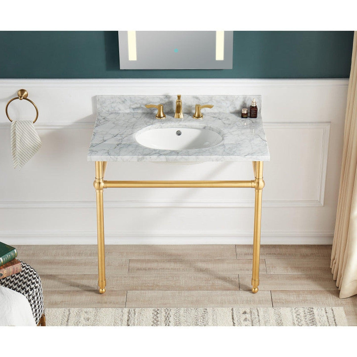 ANZZI Verona Series 34.5" x 34" Console Sink in White Carrara Countertop With Brushed Gold Stainless Steel Stand Legs