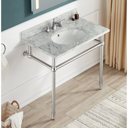 ANZZI Verona Series 34.5" x 34" Console Sink in White Carrara Countertop With Brushed Nickel Stainless Steel Stand Legs