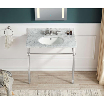 ANZZI Verona Series 34.5" x 34" Console Sink in White Carrara Countertop With Brushed Nickel Stainless Steel Stand Legs