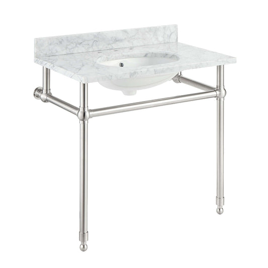 ANZZI Verona Series 34.5" x 34" Console Sink in White Carrara Countertop With Brushed Nickel Stainless Steel Stand Legs