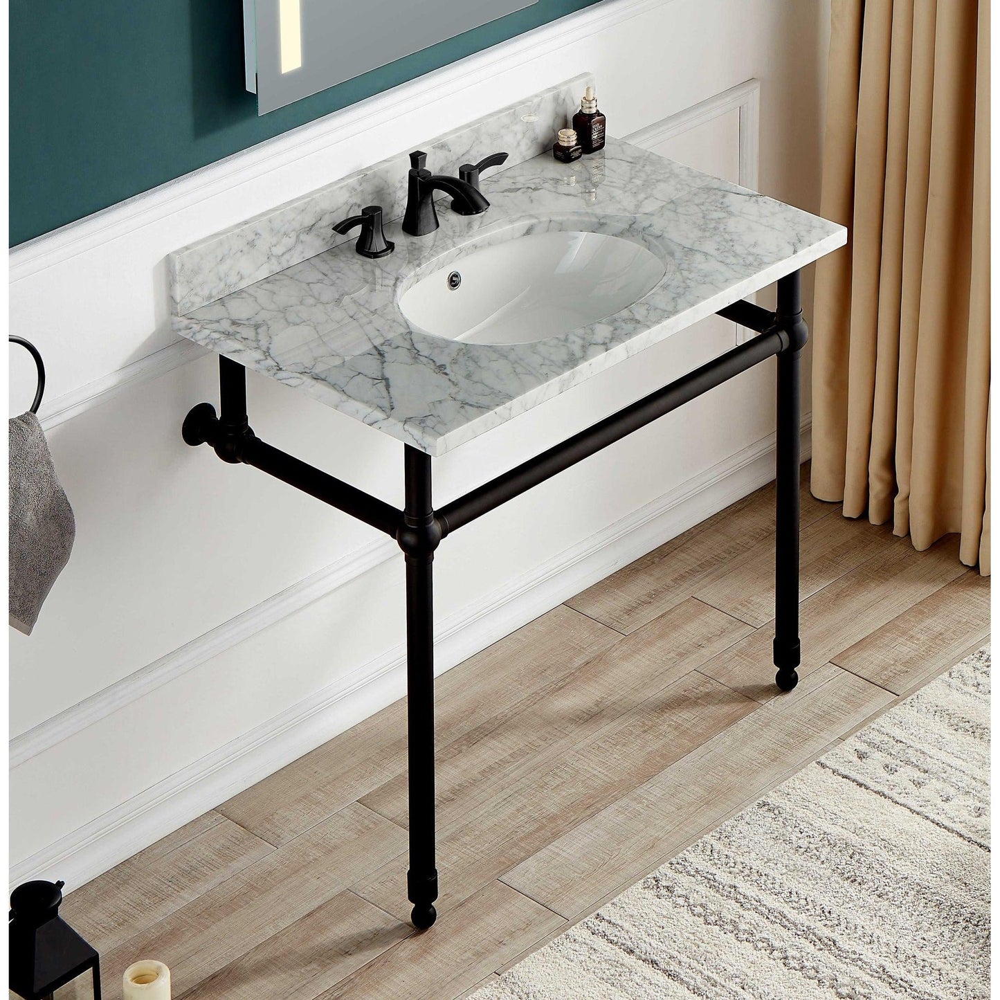 ANZZI Verona Series 34.5" x 34" Console Sink in White Carrara Countertop With Matte Black Stainless Steel Stand Legs