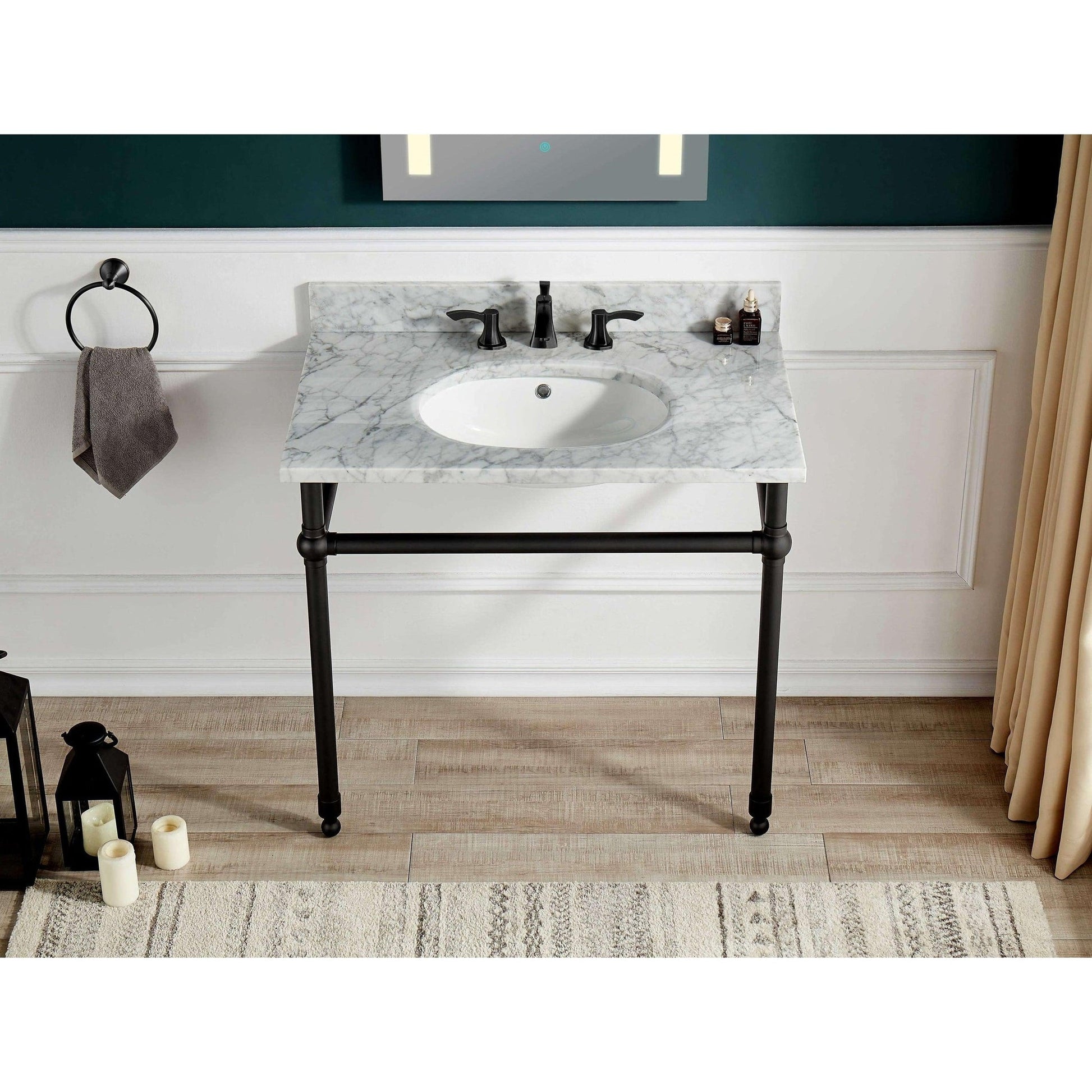 ANZZI Verona Series 34.5" x 34" Console Sink in White Carrara Countertop With Matte Black Stainless Steel Stand Legs