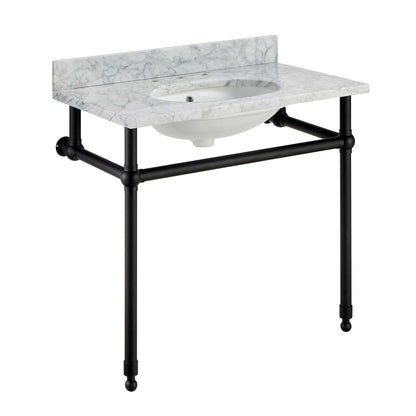 ANZZI Verona Series 34.5" x 34" Console Sink in White Carrara Countertop With Matte Black Stainless Steel Stand Legs