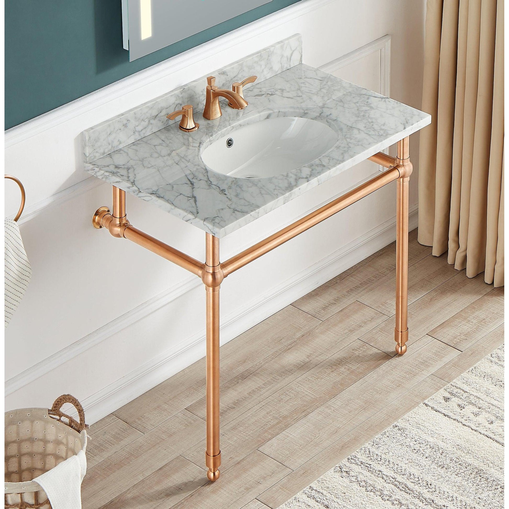 ANZZI Verona Series 34.5" x 34" Console Sink in White Carrara Countertop With Rose Gold Stainless Steel Stand Legs