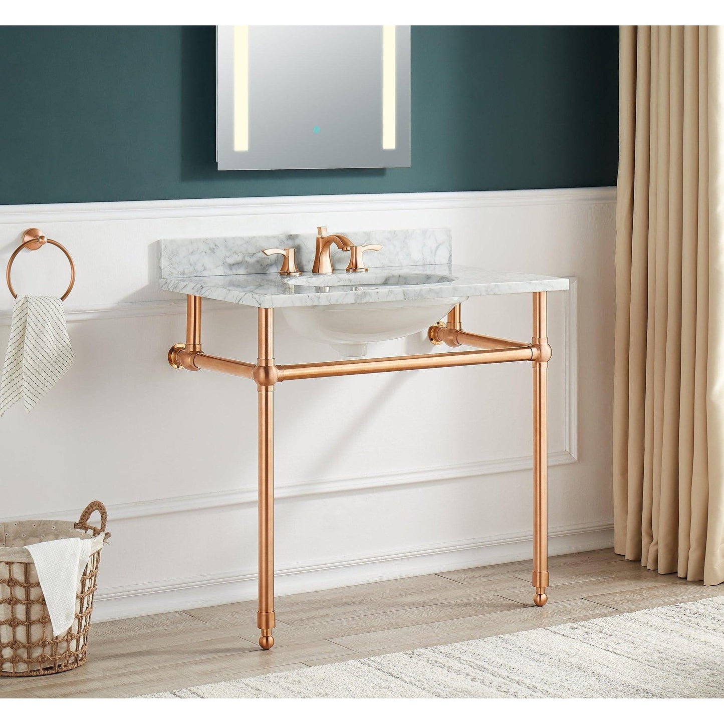 ANZZI Verona Series 34.5" x 34" Console Sink in White Carrara Countertop With Rose Gold Stainless Steel Stand Legs