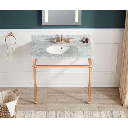 ANZZI Verona Series 34.5" x 34" Console Sink in White Carrara Countertop With Rose Gold Stainless Steel Stand Legs