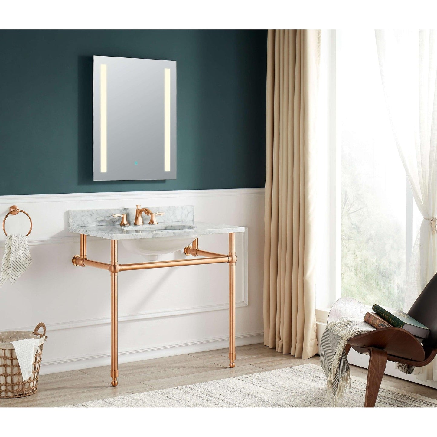 ANZZI Verona Series 34.5" x 34" Console Sink in White Carrara Countertop With Rose Gold Stainless Steel Stand Legs