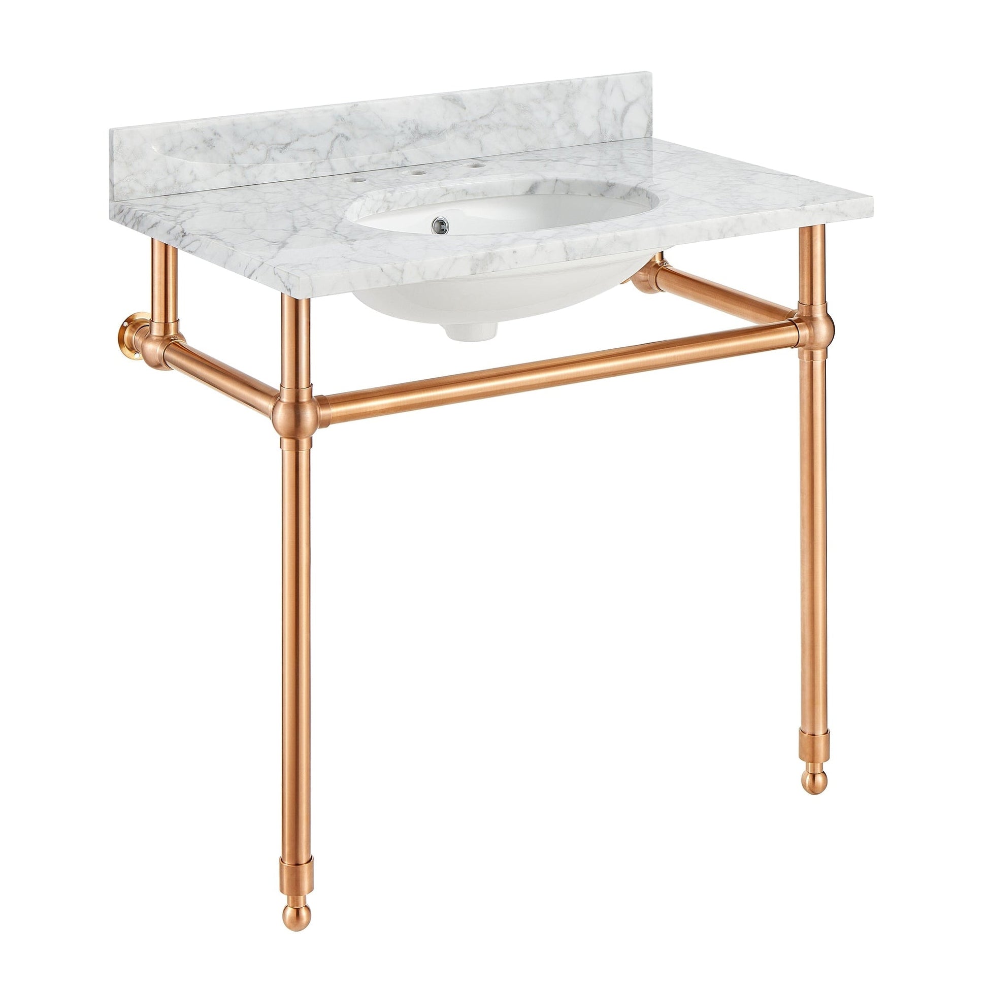 ANZZI Verona Series 34.5" x 34" Console Sink in White Carrara Countertop With Rose Gold Stainless Steel Stand Legs