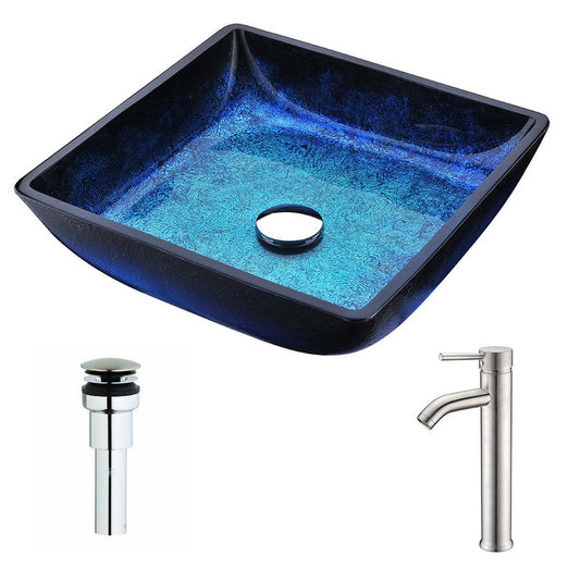 ANZZI Viace Series 15" x 15" Square Shaped Blazing Blue Deco-Glass Vessel Sink With Chrome Pop-Up Drain and Brushed Nickel Fann Faucet