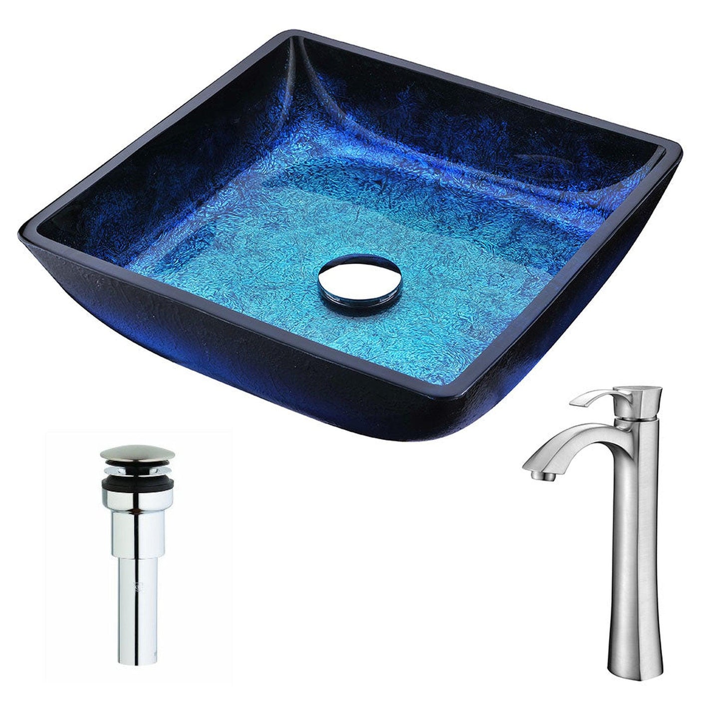 ANZZI Viace Series 15" x 15" Square Shaped Blazing Blue Deco-Glass Vessel Sink With Chrome Pop-Up Drain and Brushed Nickel Harmony Faucet