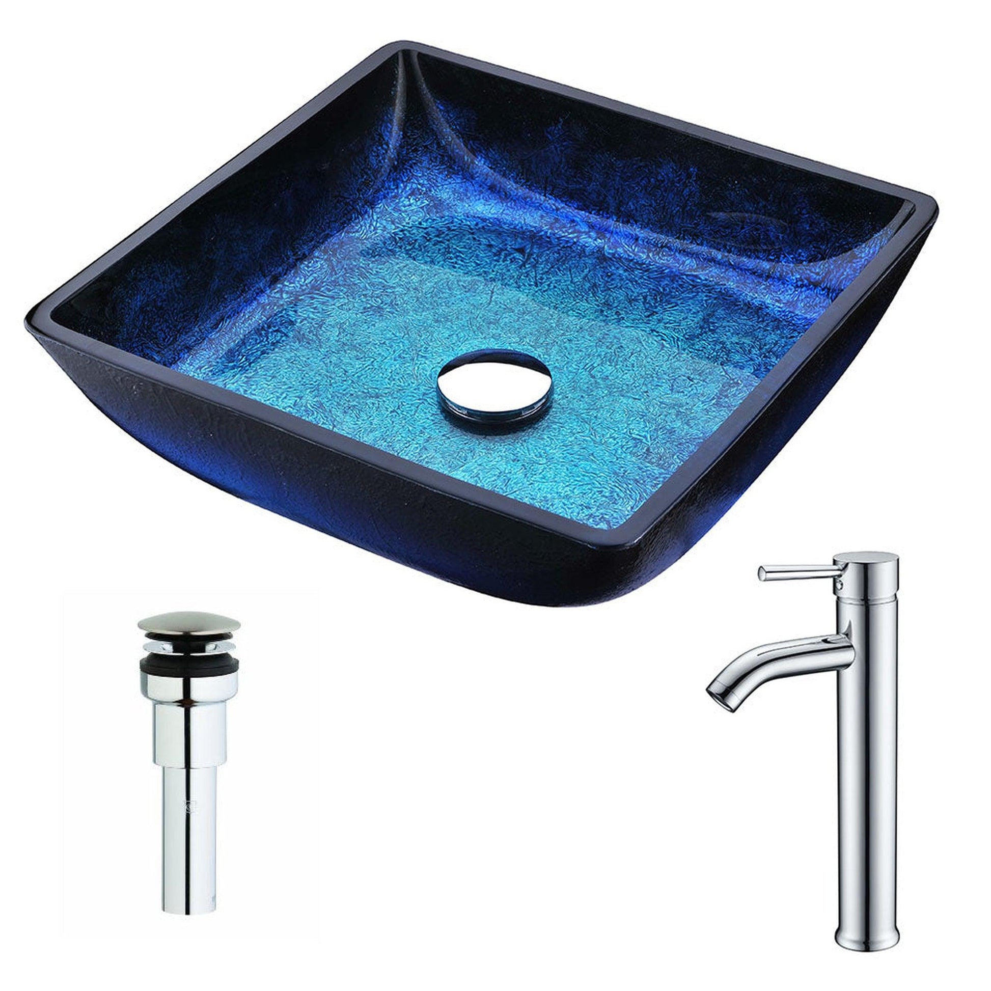 ANZZI Viace Series 15" x 15" Square Shaped Blazing Blue Deco-Glass Vessel Sink With Chrome Pop-Up Drain and Fann Faucet