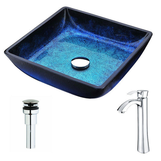 ANZZI Viace Series 15" x 15" Square Shaped Blazing Blue Deco-Glass Vessel Sink With Chrome Pop-Up Drain and Harmony Faucet