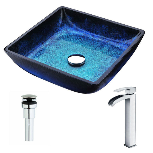 ANZZI Viace Series 15" x 15" Square Shaped Blazing Blue Deco-Glass Vessel Sink With Chrome Pop-Up Drain and Key Faucet