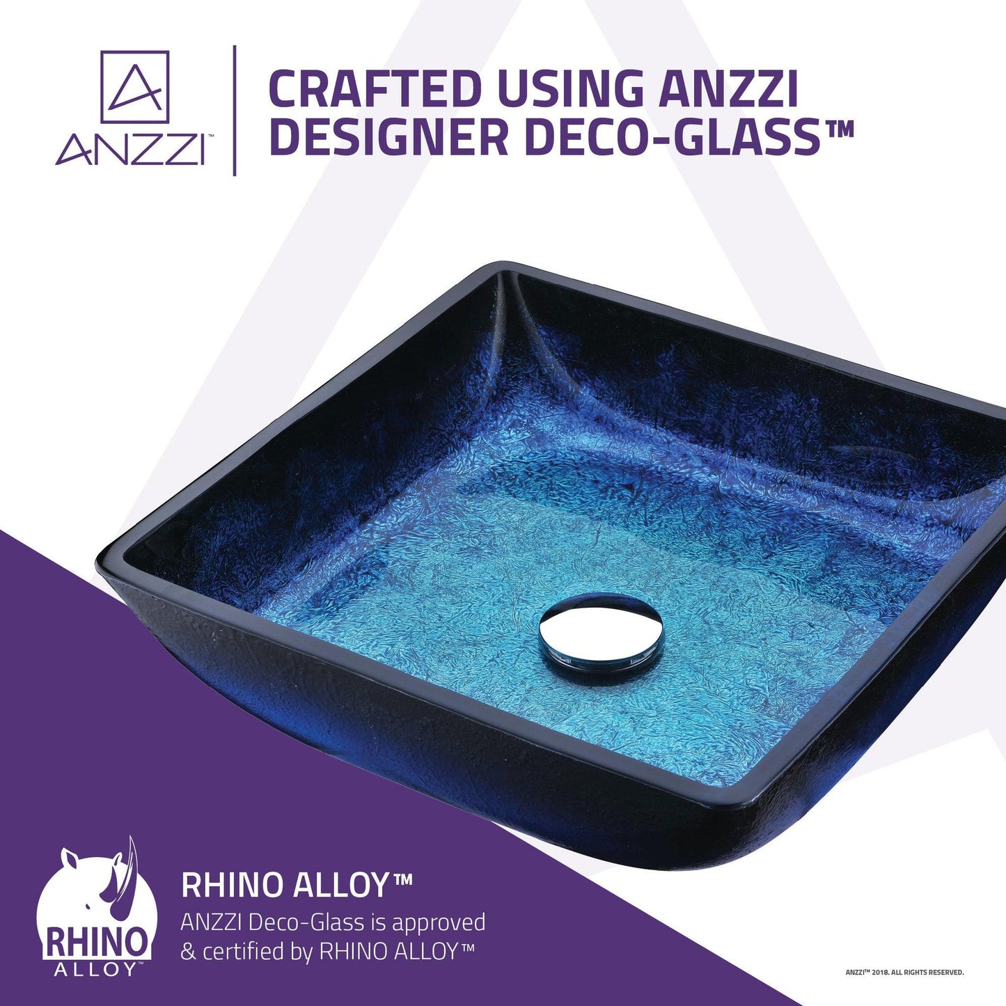 ANZZI Viace Series 15" x 15" Square Shaped Blazing Blue Deco-Glass Vessel Sink With Polished Chrome Pop-Up Drain