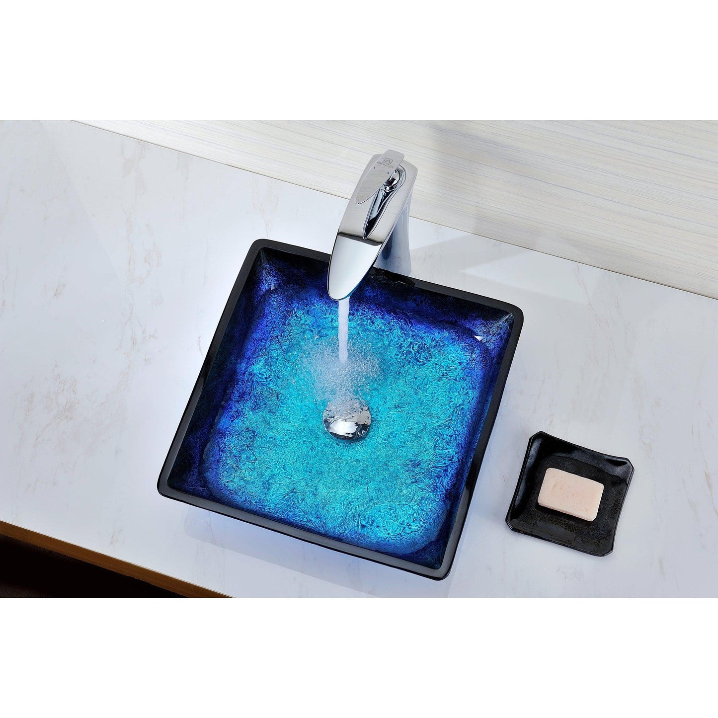 ANZZI Viace Series 15" x 15" Square Shaped Blazing Blue Deco-Glass Vessel Sink With Polished Chrome Pop-Up Drain