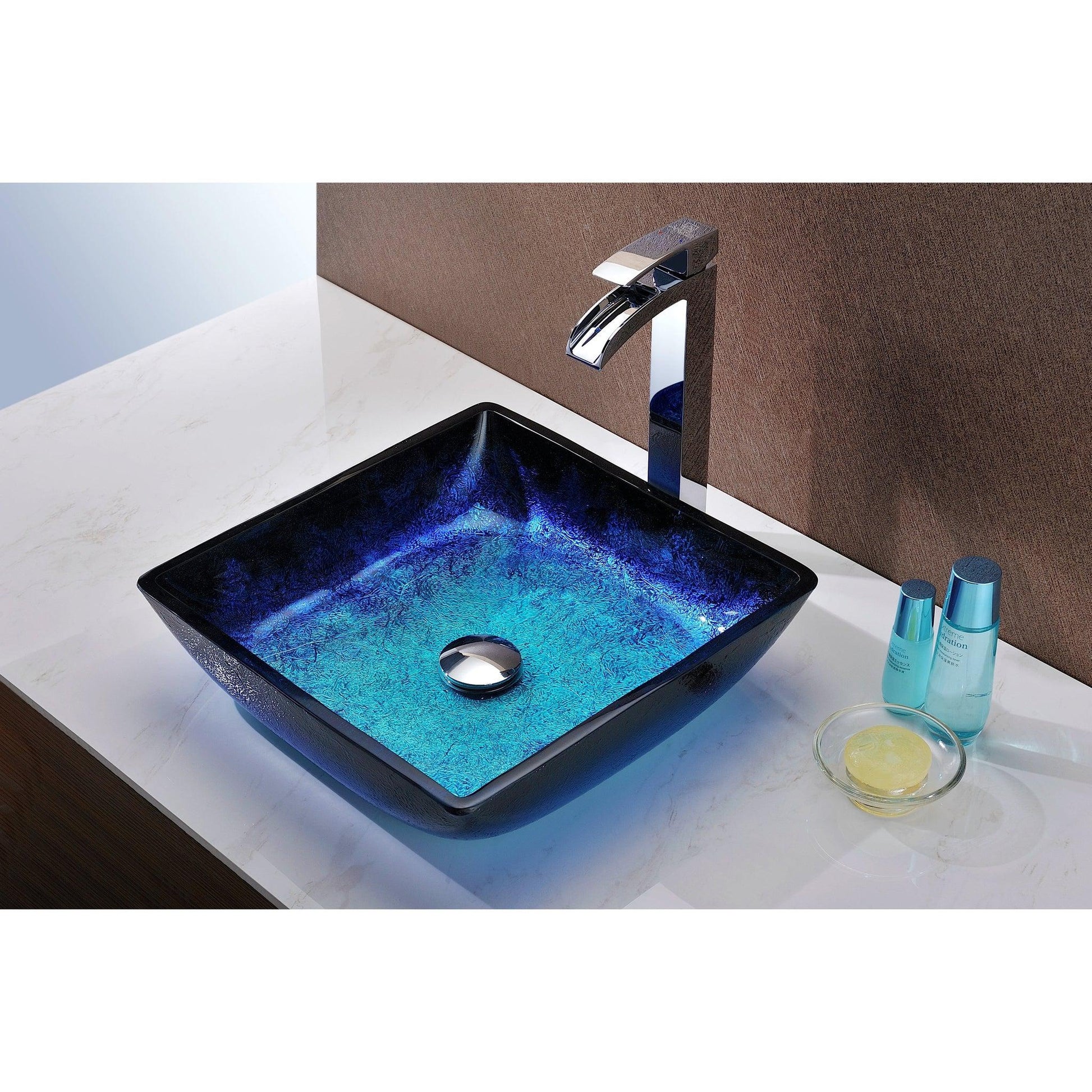 ANZZI Viace Series 15" x 15" Square Shaped Blazing Blue Deco-Glass Vessel Sink With Polished Chrome Pop-Up Drain