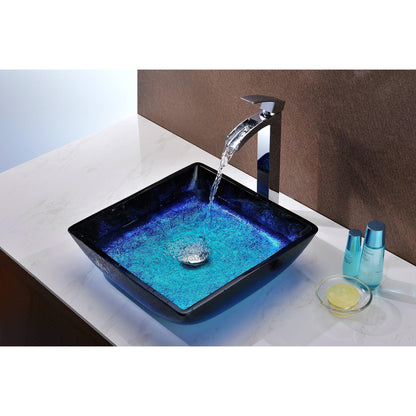 ANZZI Viace Series 15" x 15" Square Shaped Blazing Blue Deco-Glass Vessel Sink With Polished Chrome Pop-Up Drain