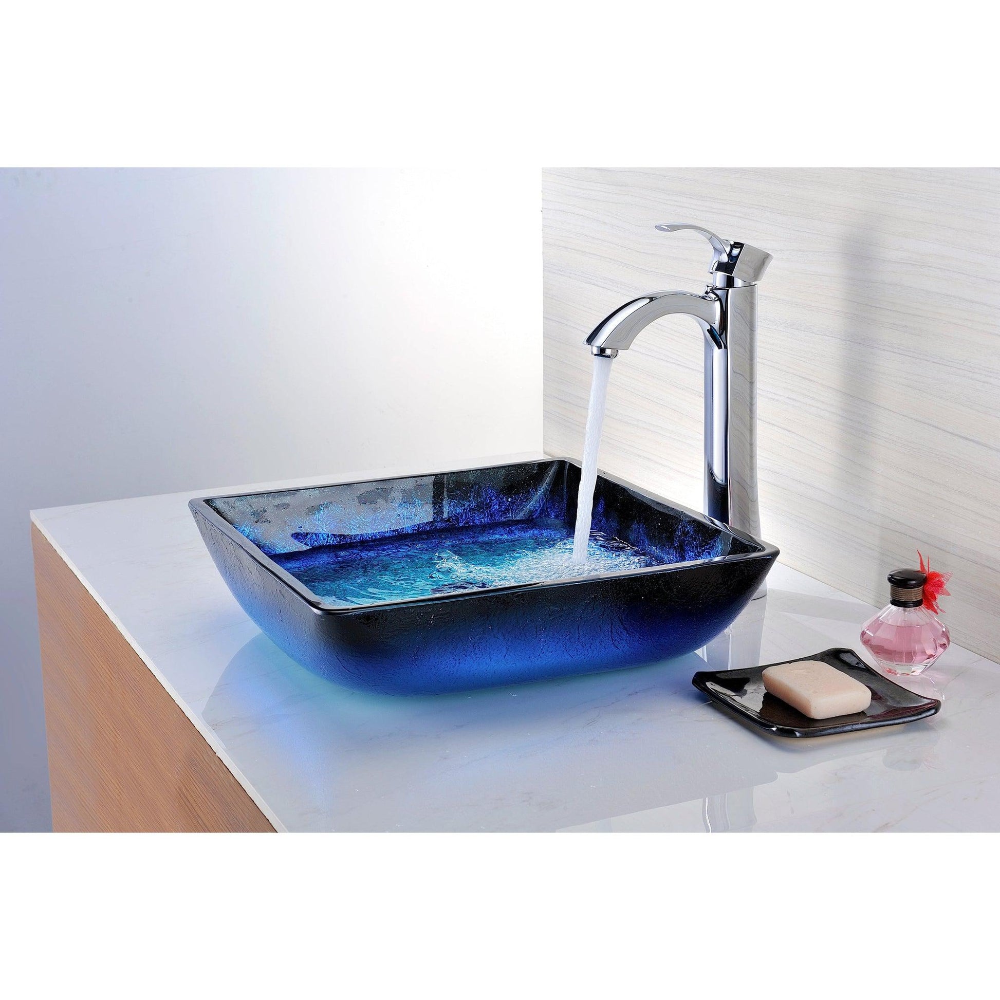 ANZZI Viace Series 15" x 15" Square Shaped Blazing Blue Deco-Glass Vessel Sink With Polished Chrome Pop-Up Drain