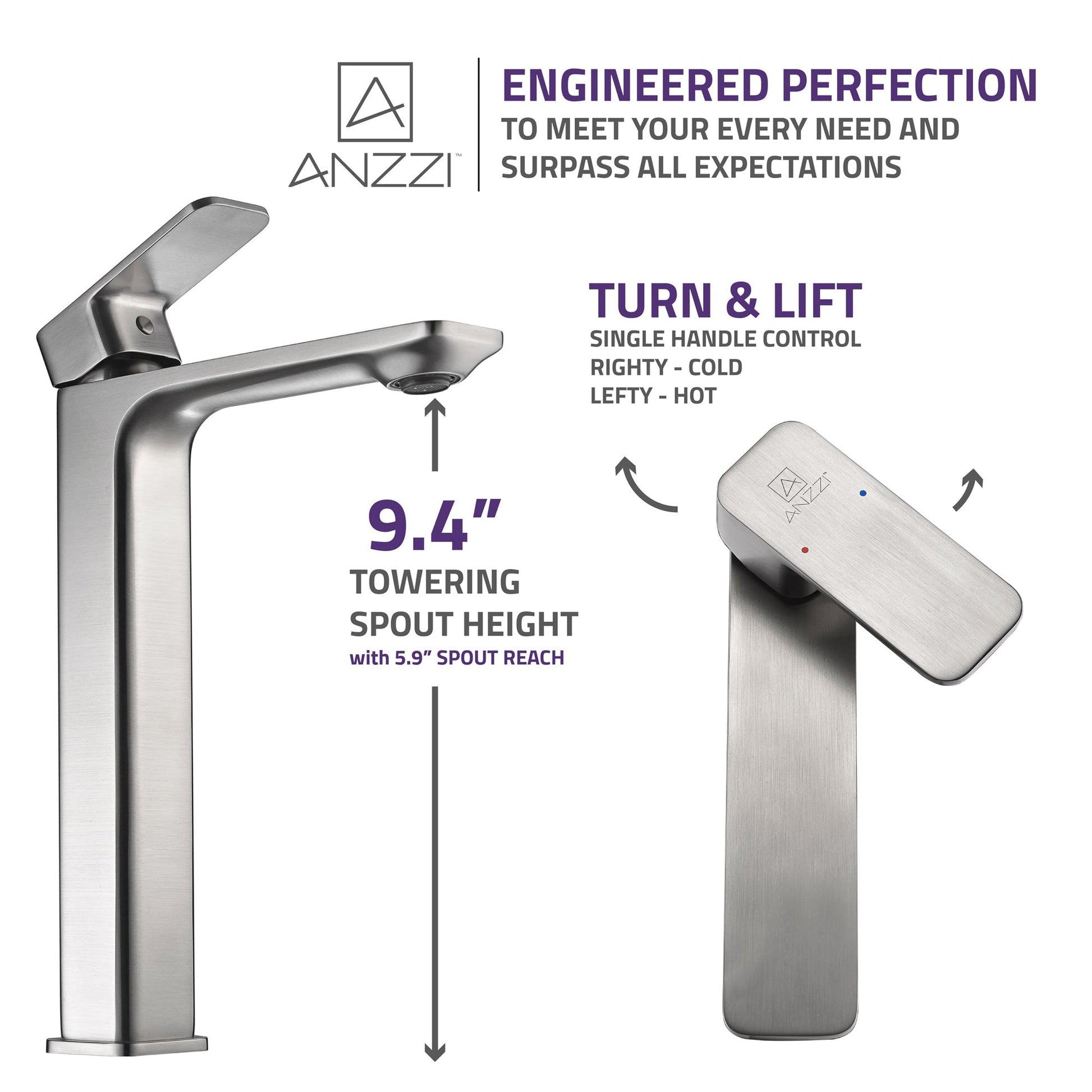 ANZZI Vibra Series 9" Single Hole Brushed Nickel Bathroom Sink Faucet