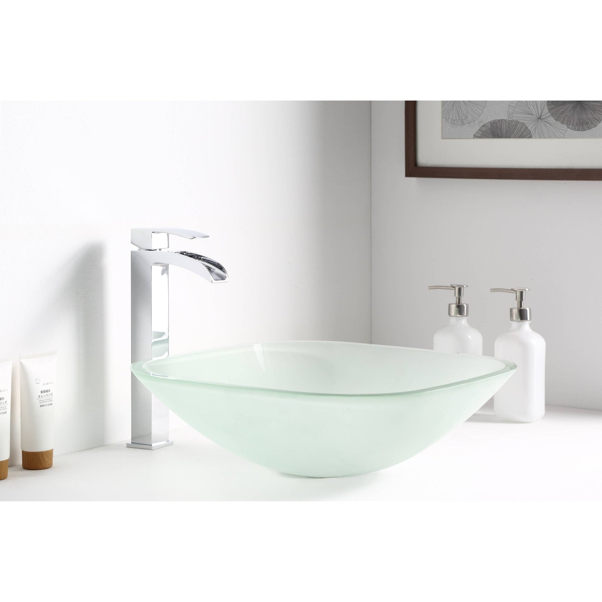 ANZZI Victor Series 17" x 17" Square Shaped Lustrous Frosted Deco-Glass Vessel Sink With Polished Chrome Pop-Up Drain