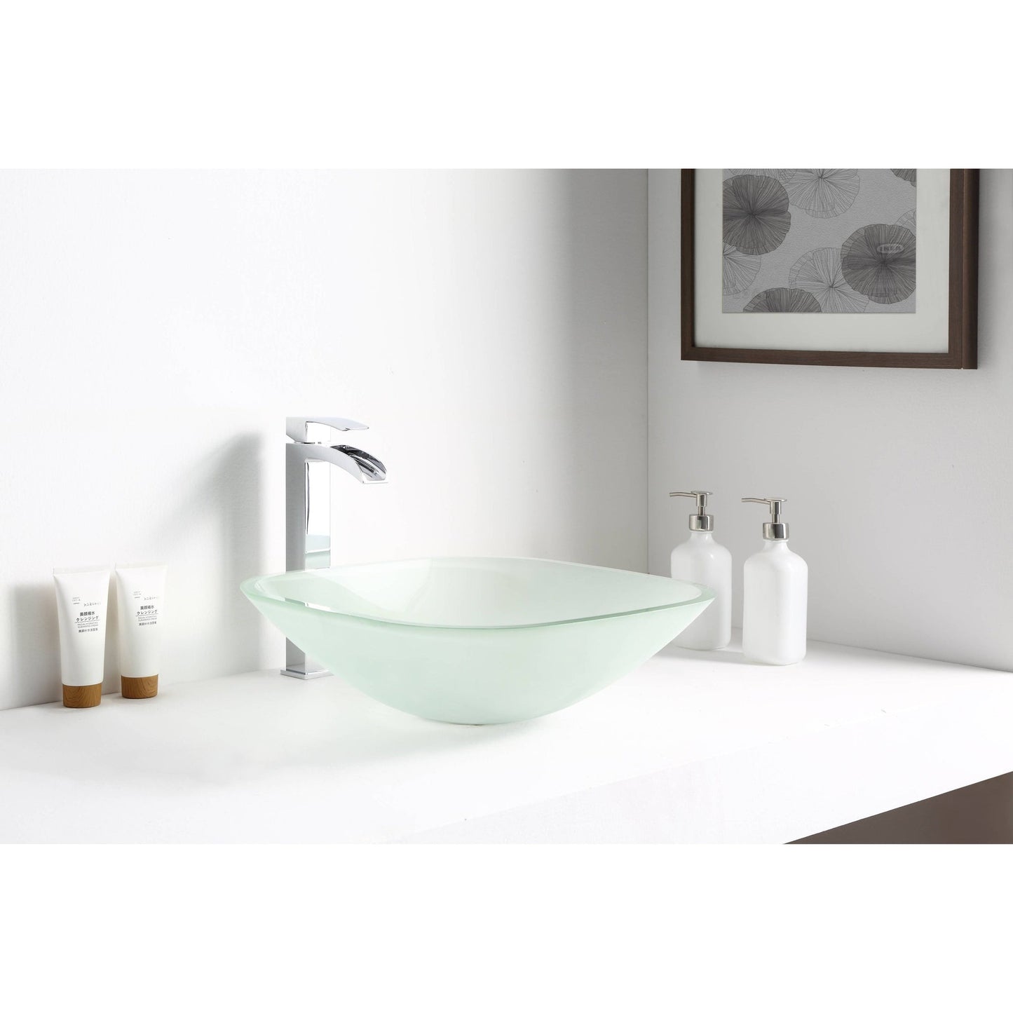 ANZZI Victor Series 17" x 17" Square Shaped Lustrous Frosted Deco-Glass Vessel Sink With Polished Chrome Pop-Up Drain