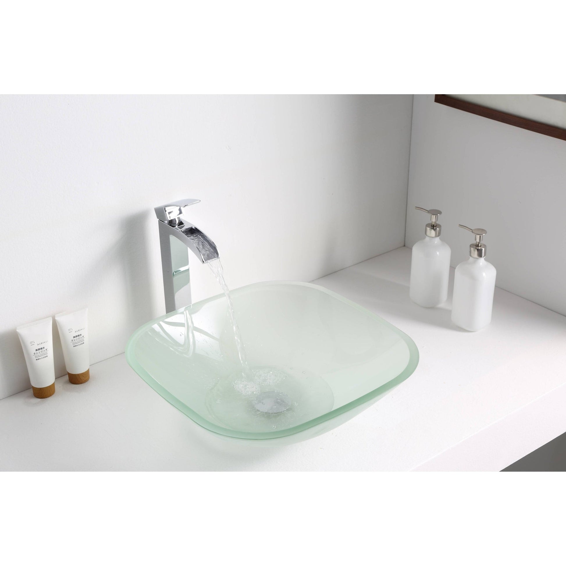 ANZZI Victor Series 17" x 17" Square Shaped Lustrous Frosted Deco-Glass Vessel Sink With Polished Chrome Pop-Up Drain