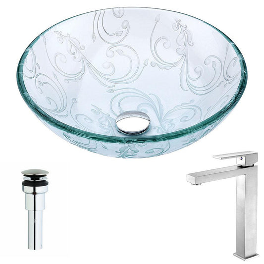 ANZZI Vieno Series 17" x 17" Round Crystal Clear Floral Deco-Glass Vessel Sink With Chrome Pop-Up Drain and Brushed Nickel Enti Faucet