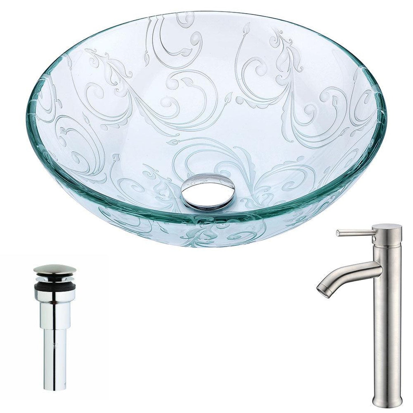 ANZZI Vieno Series 17" x 17" Round Crystal Clear Floral Deco-Glass Vessel Sink With Chrome Pop-Up Drain and Brushed Nickel Fann Faucet