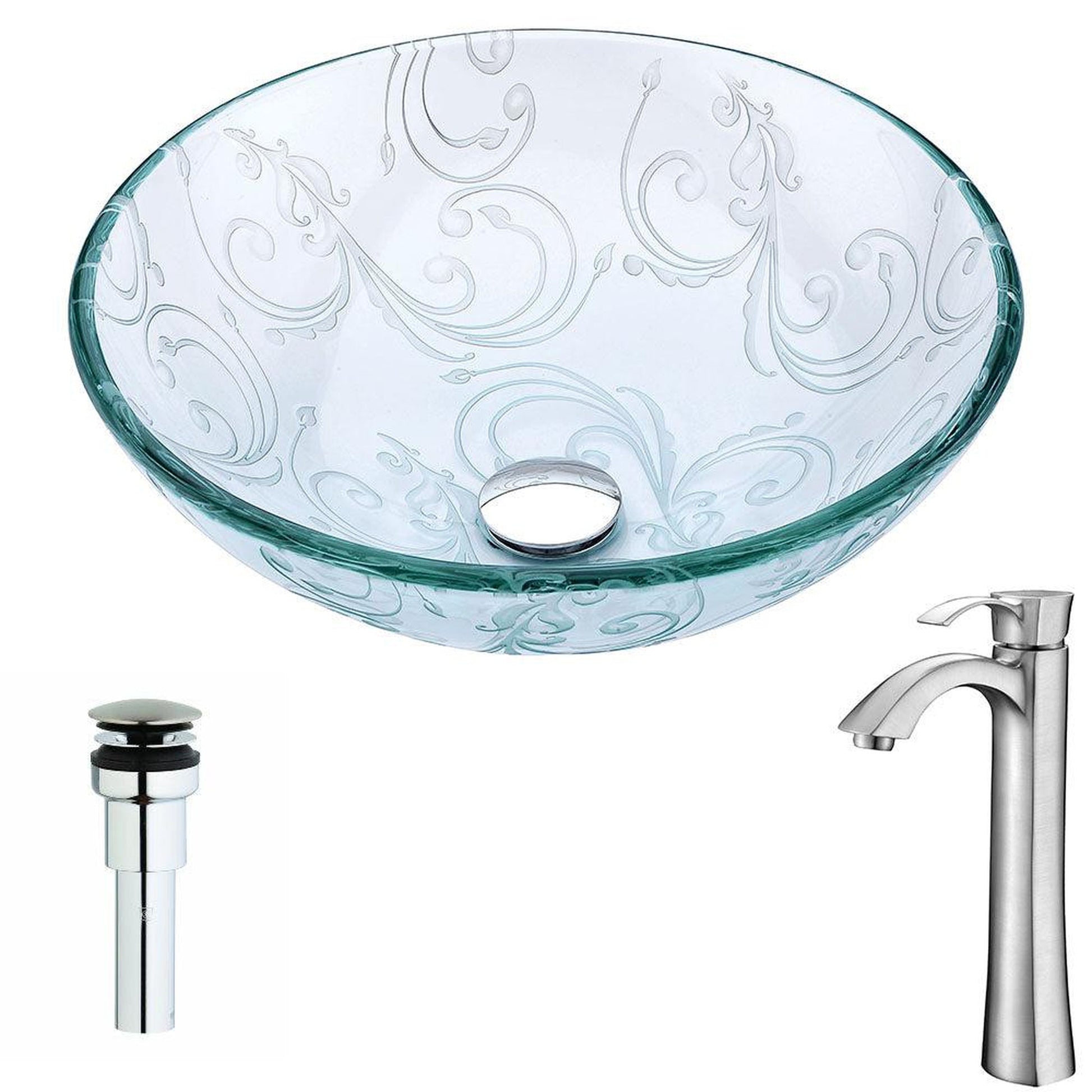 ANZZI Vieno Series 17" x 17" Round Crystal Clear Floral Deco-Glass Vessel Sink With Chrome Pop-Up Drain and Brushed Nickel Harmony Faucet