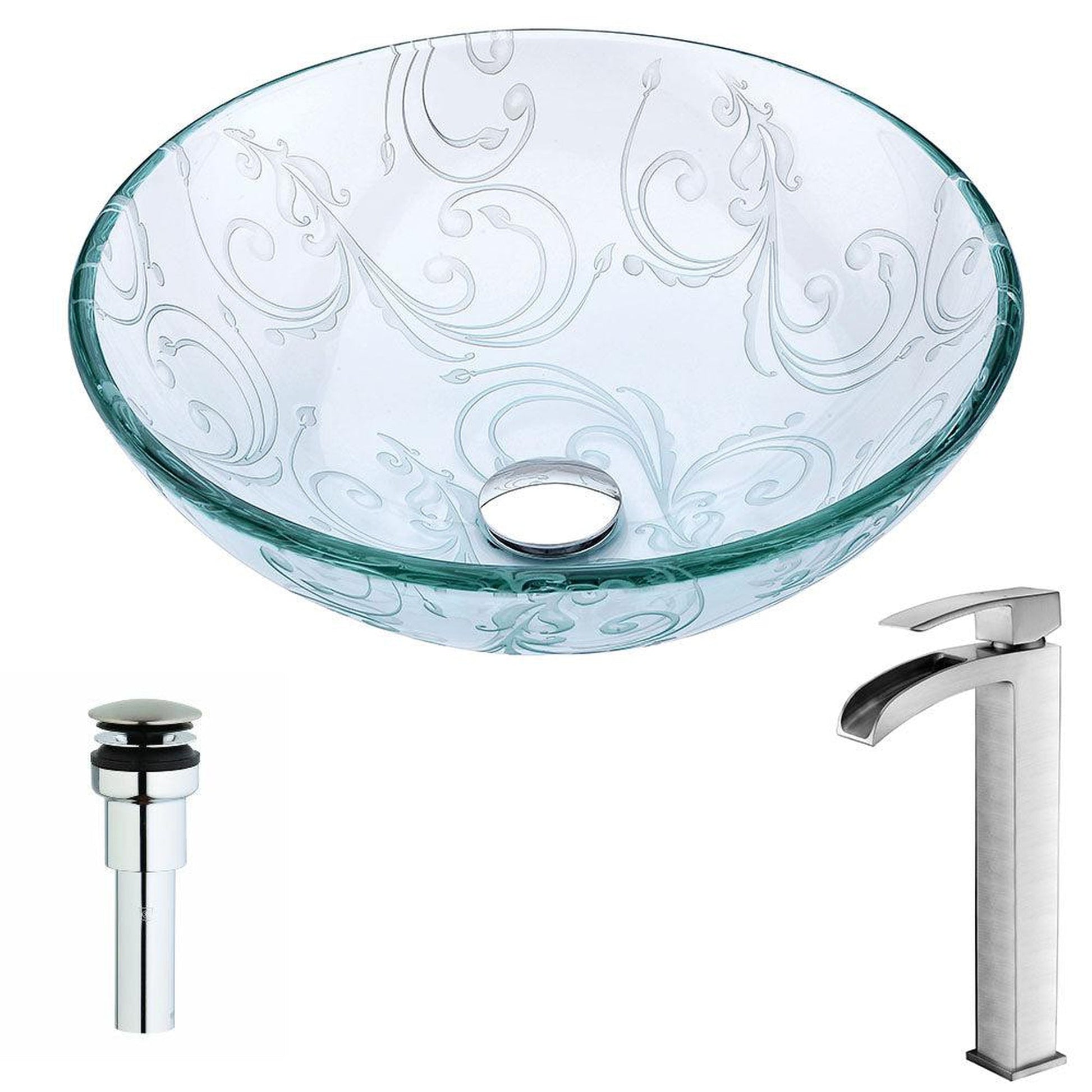 ANZZI Vieno Series 17" x 17" Round Crystal Clear Floral Deco-Glass Vessel Sink With Chrome Pop-Up Drain and Brushed Nickel Key Faucet