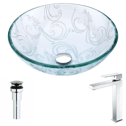 ANZZI Vieno Series 17" x 17" Round Crystal Clear Floral Deco-Glass Vessel Sink With Chrome Pop-Up Drain and Enti Faucet