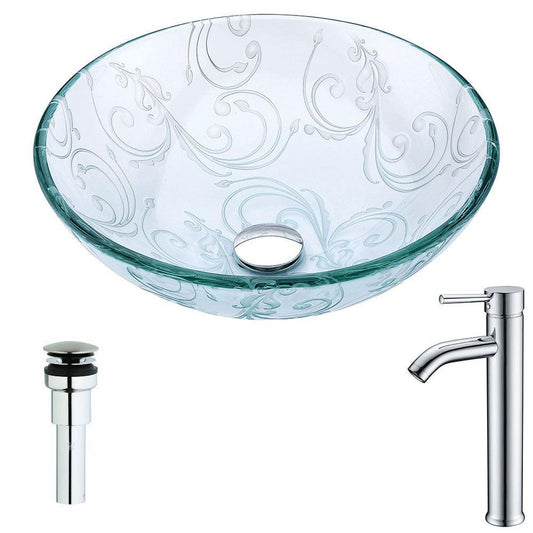 ANZZI Vieno Series 17" x 17" Round Crystal Clear Floral Deco-Glass Vessel Sink With Chrome Pop-Up Drain and Fann Faucet