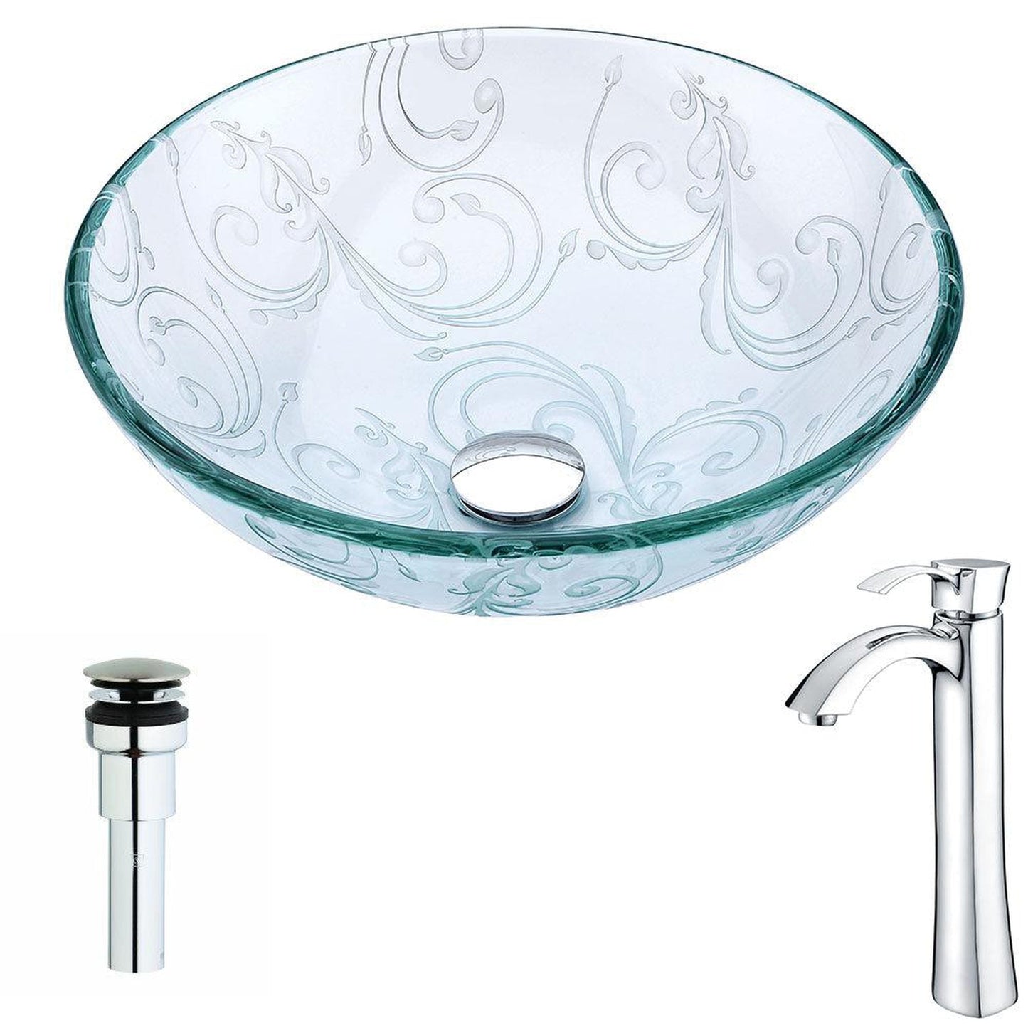 ANZZI Vieno Series 17" x 17" Round Crystal Clear Floral Deco-Glass Vessel Sink With Chrome Pop-Up Drain and Harmony Faucet