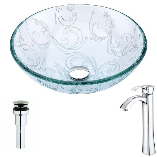 ANZZI Vieno Series 17" x 17" Round Crystal Clear Floral Deco-Glass Vessel Sink With Chrome Pop-Up Drain and Harmony Faucet