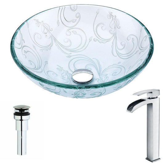 ANZZI Vieno Series 17" x 17" Round Crystal Clear Floral Deco-Glass Vessel Sink With Chrome Pop-Up Drain and Key Faucet