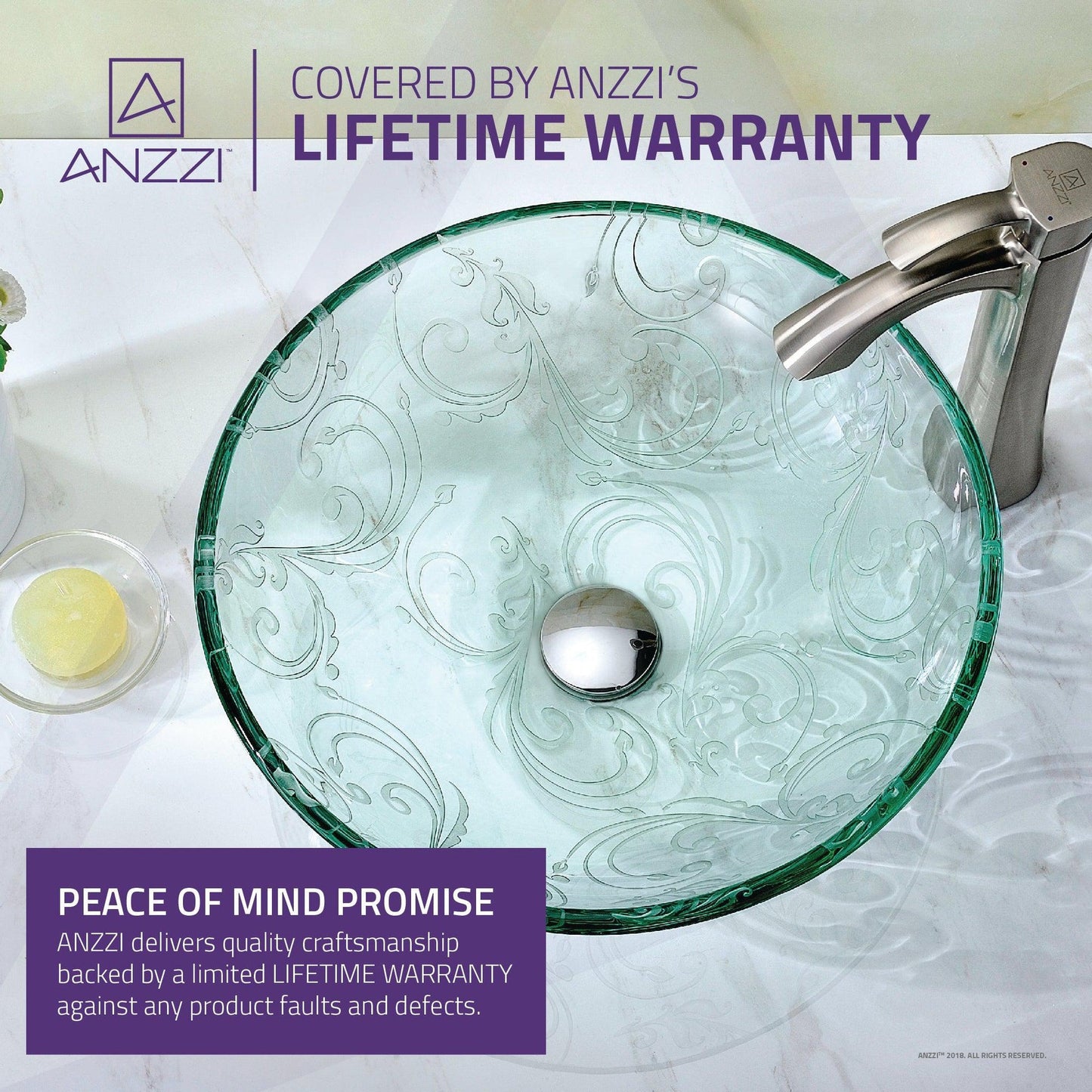ANZZI Vieno Series 17" x 17" Round Crystal Clear Floral Deco-Glass Vessel Sink With Polished Chrome Pop-Up Drain