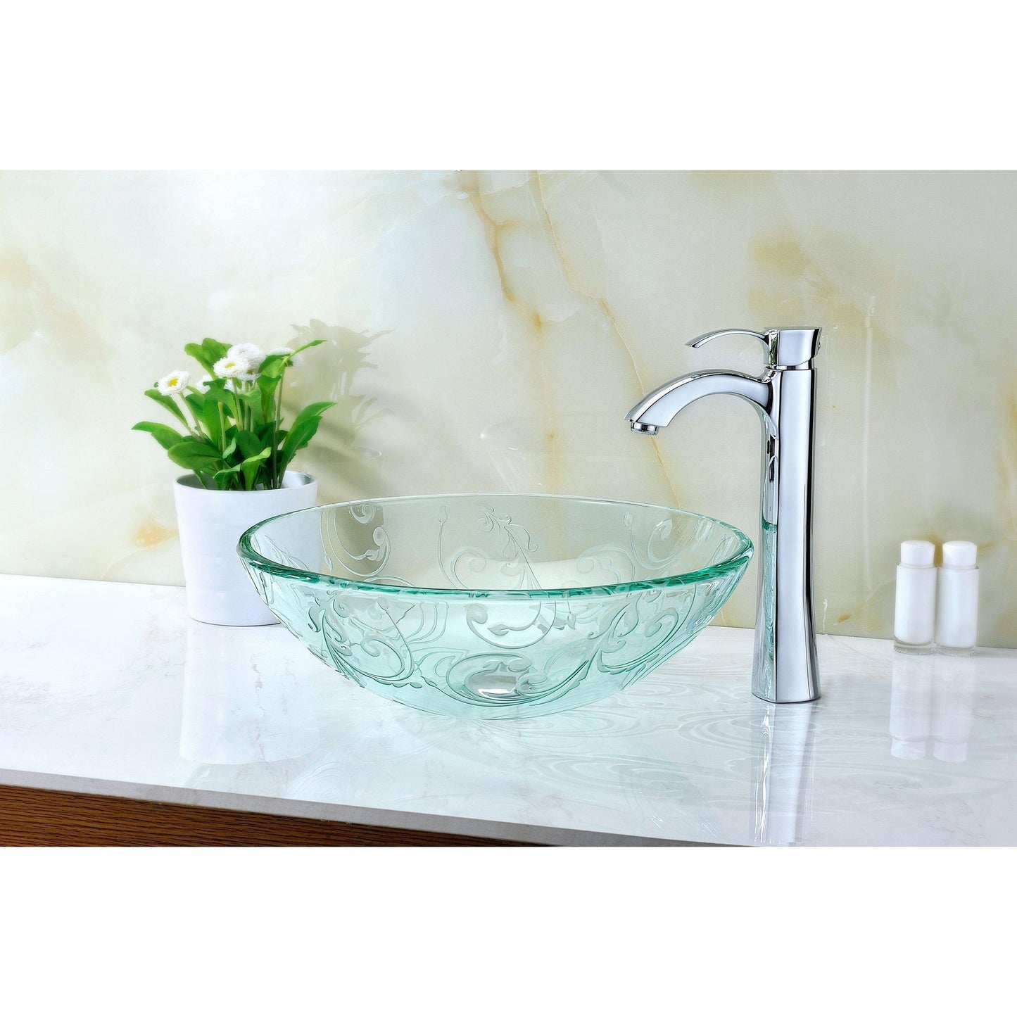 ANZZI Vieno Series 17" x 17" Round Crystal Clear Floral Deco-Glass Vessel Sink With Polished Chrome Pop-Up Drain