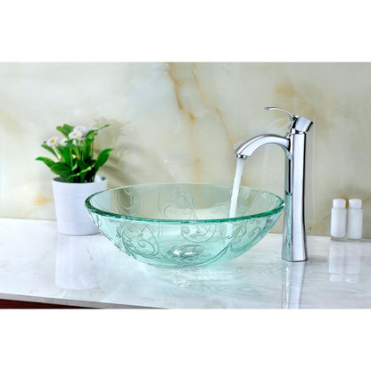 ANZZI Vieno Series 17" x 17" Round Crystal Clear Floral Deco-Glass Vessel Sink With Polished Chrome Pop-Up Drain