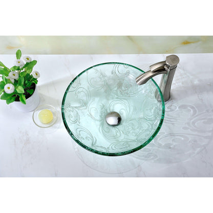 ANZZI Vieno Series 17" x 17" Round Crystal Clear Floral Deco-Glass Vessel Sink With Polished Chrome Pop-Up Drain