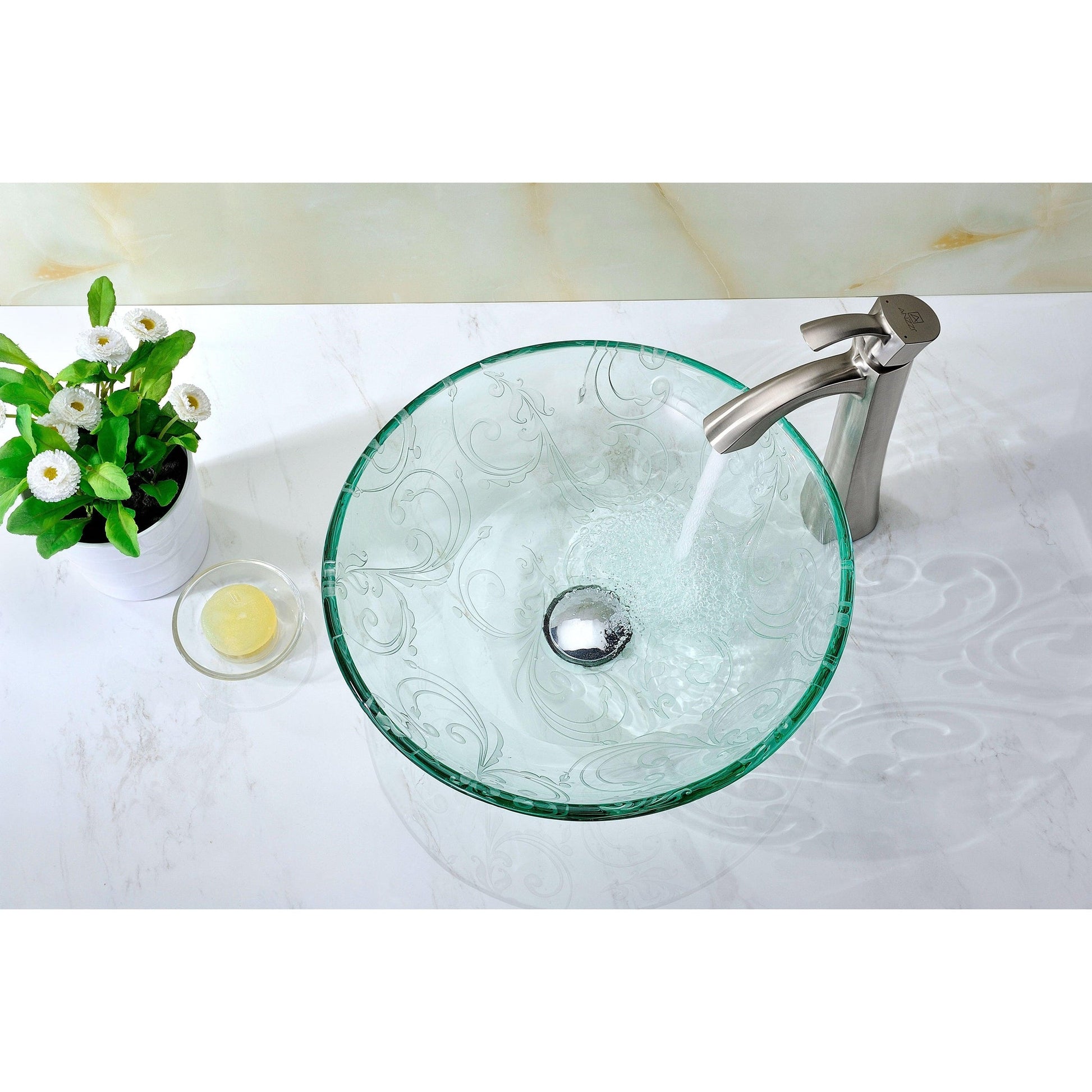 ANZZI Vieno Series 17" x 17" Round Crystal Clear Floral Deco-Glass Vessel Sink With Polished Chrome Pop-Up Drain