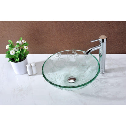 ANZZI Vieno Series 17" x 17" Round Crystal Clear Floral Deco-Glass Vessel Sink With Polished Chrome Pop-Up Drain