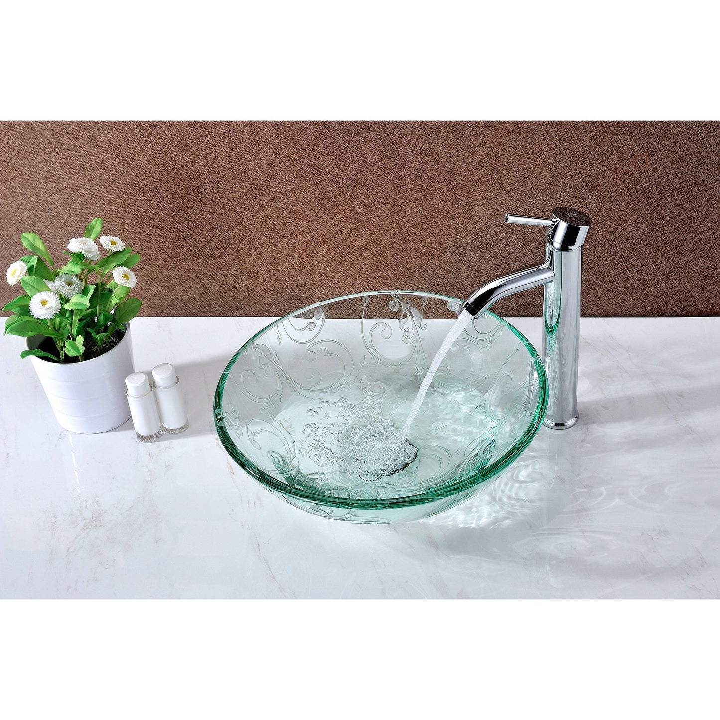 ANZZI Vieno Series 17" x 17" Round Crystal Clear Floral Deco-Glass Vessel Sink With Polished Chrome Pop-Up Drain